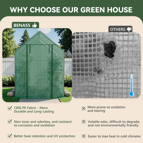 Benass greenhouse supports seed germination and propagation on a well-organized shelf.