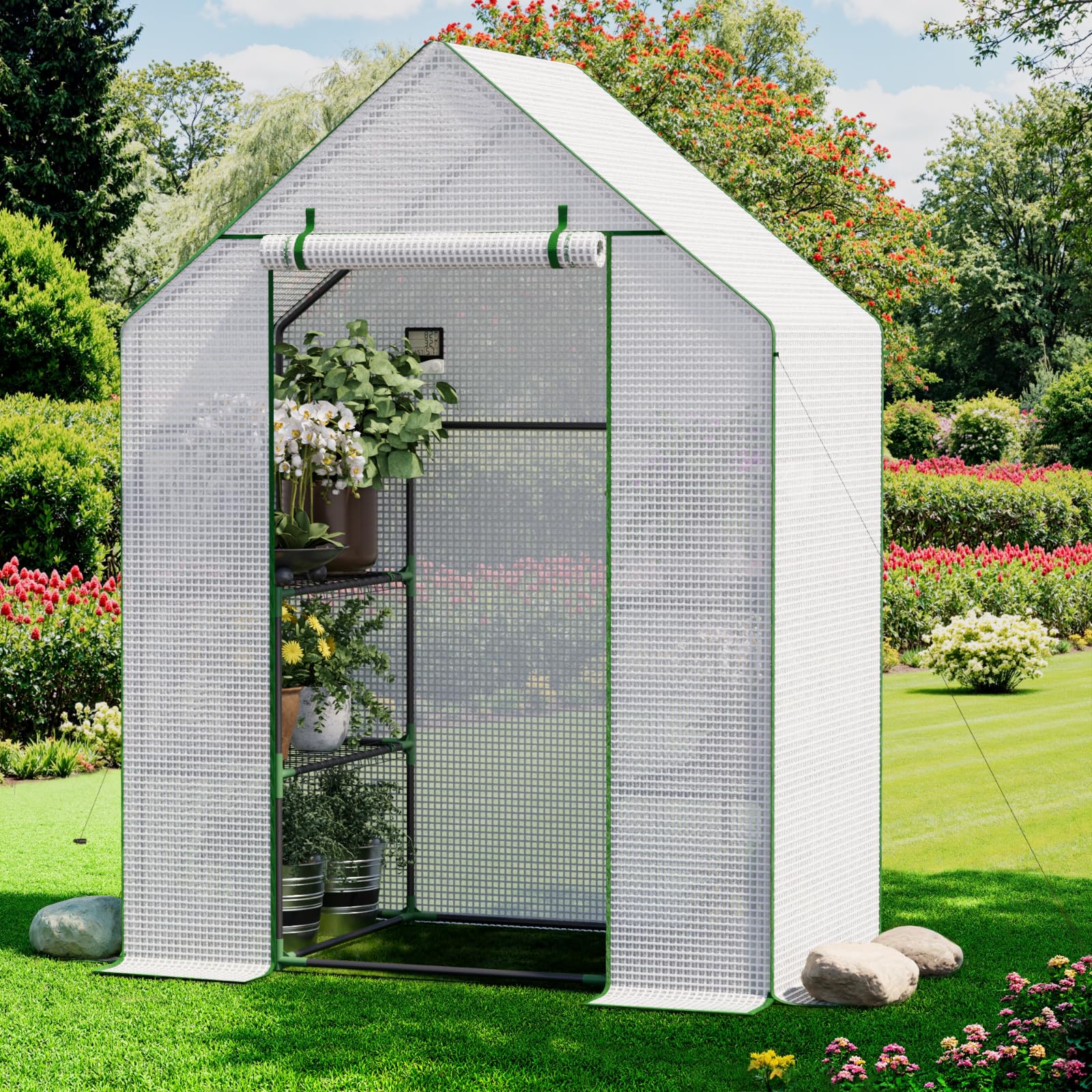 Benass greenhouse outdoors walk-in 3-tier setup enhances accessible gardening in compact spaces