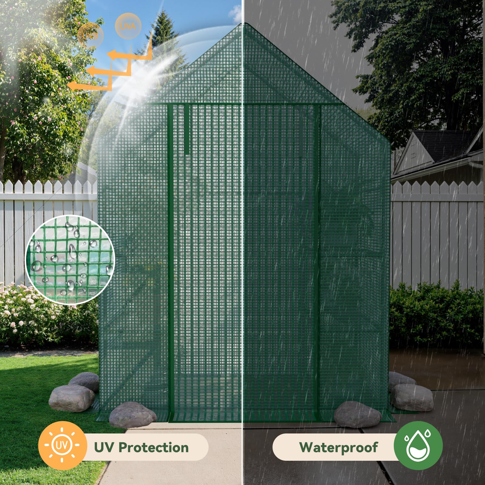 Benass greenhouse PE cover protecting plants year-round from rain and sun.