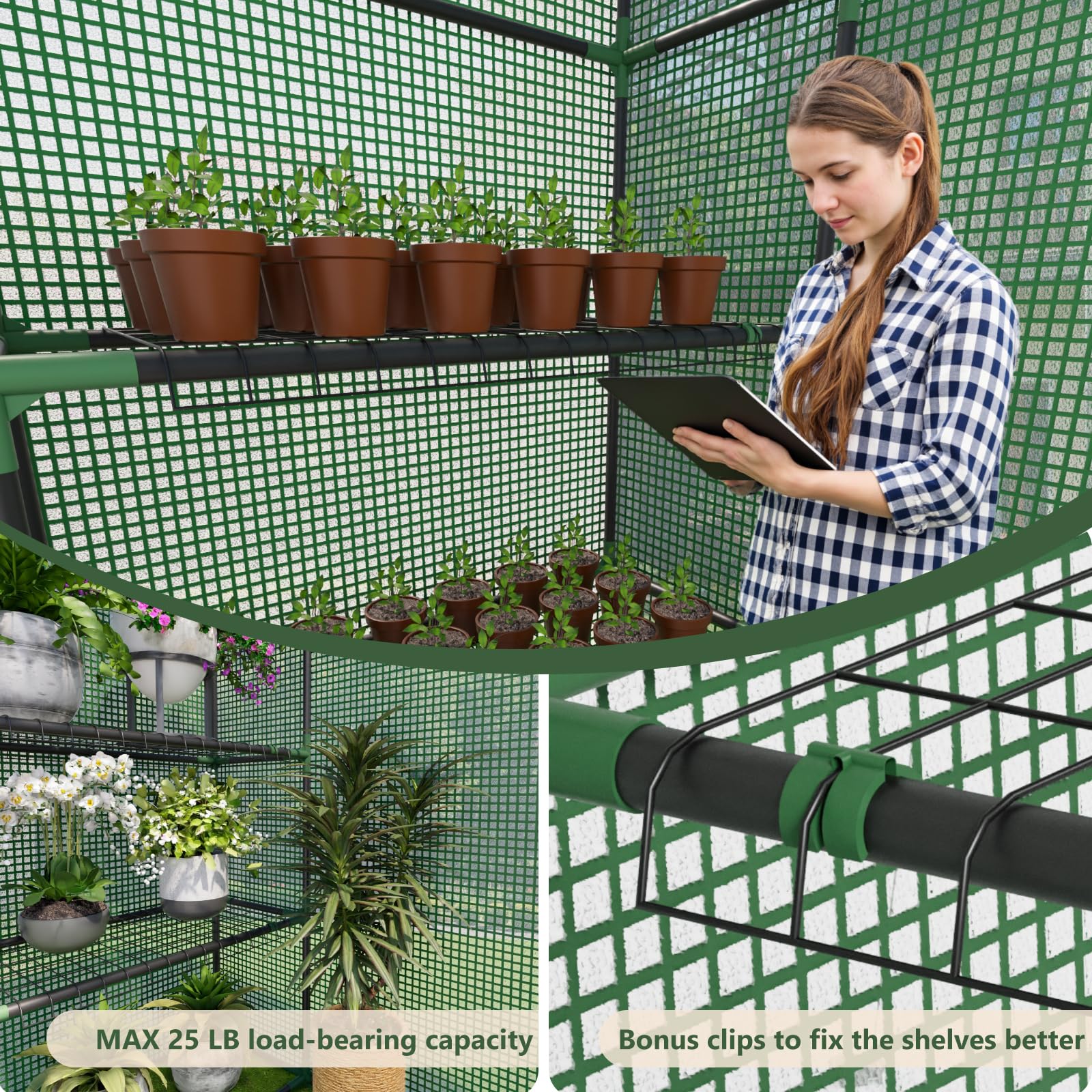 Benass greenhouse thermometer and hygrometer included to monitor microclimate.