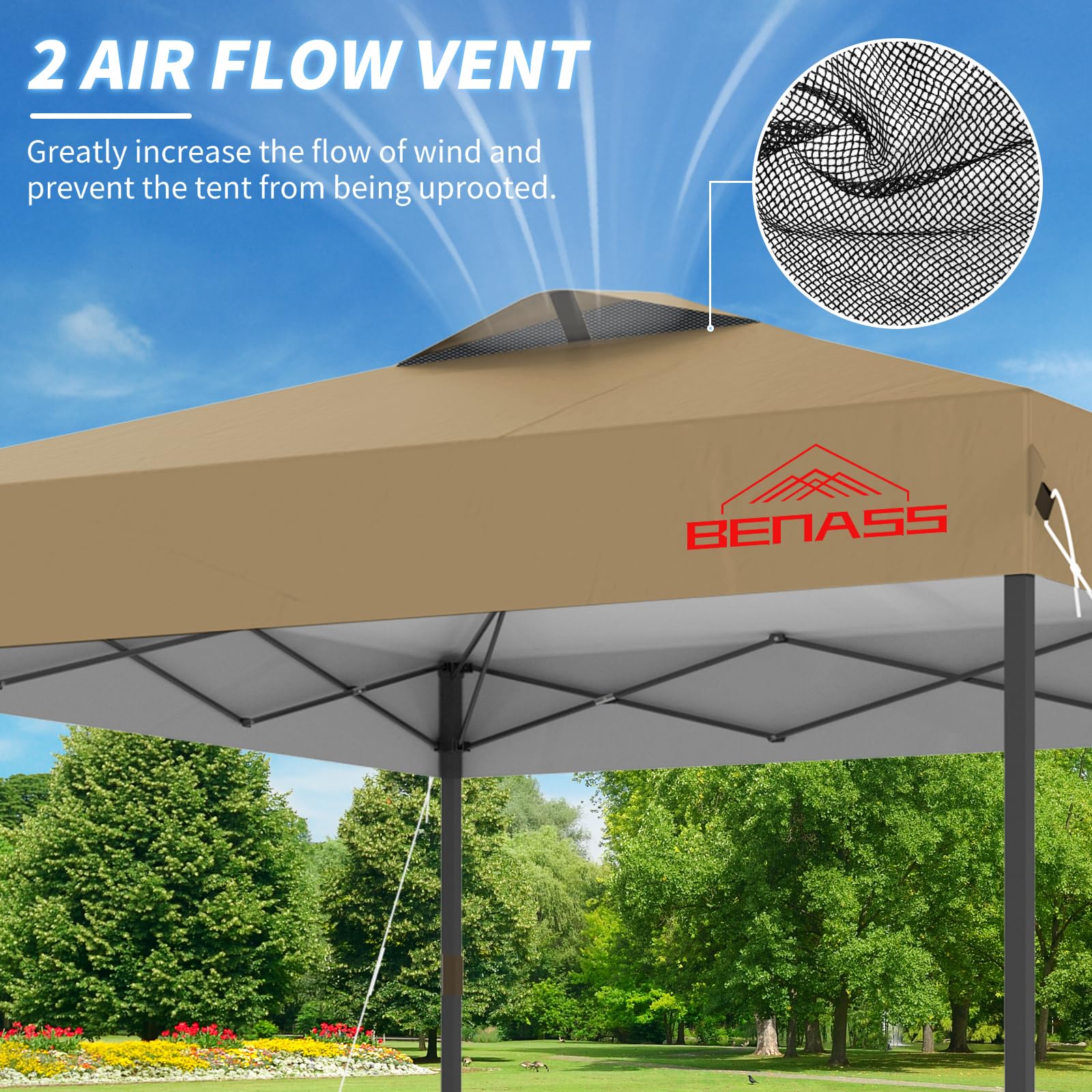 Benass canopy with two-way vents highlights wind stability features.