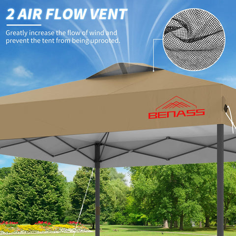 Benass canopy with two-way vents highlights wind stability features.