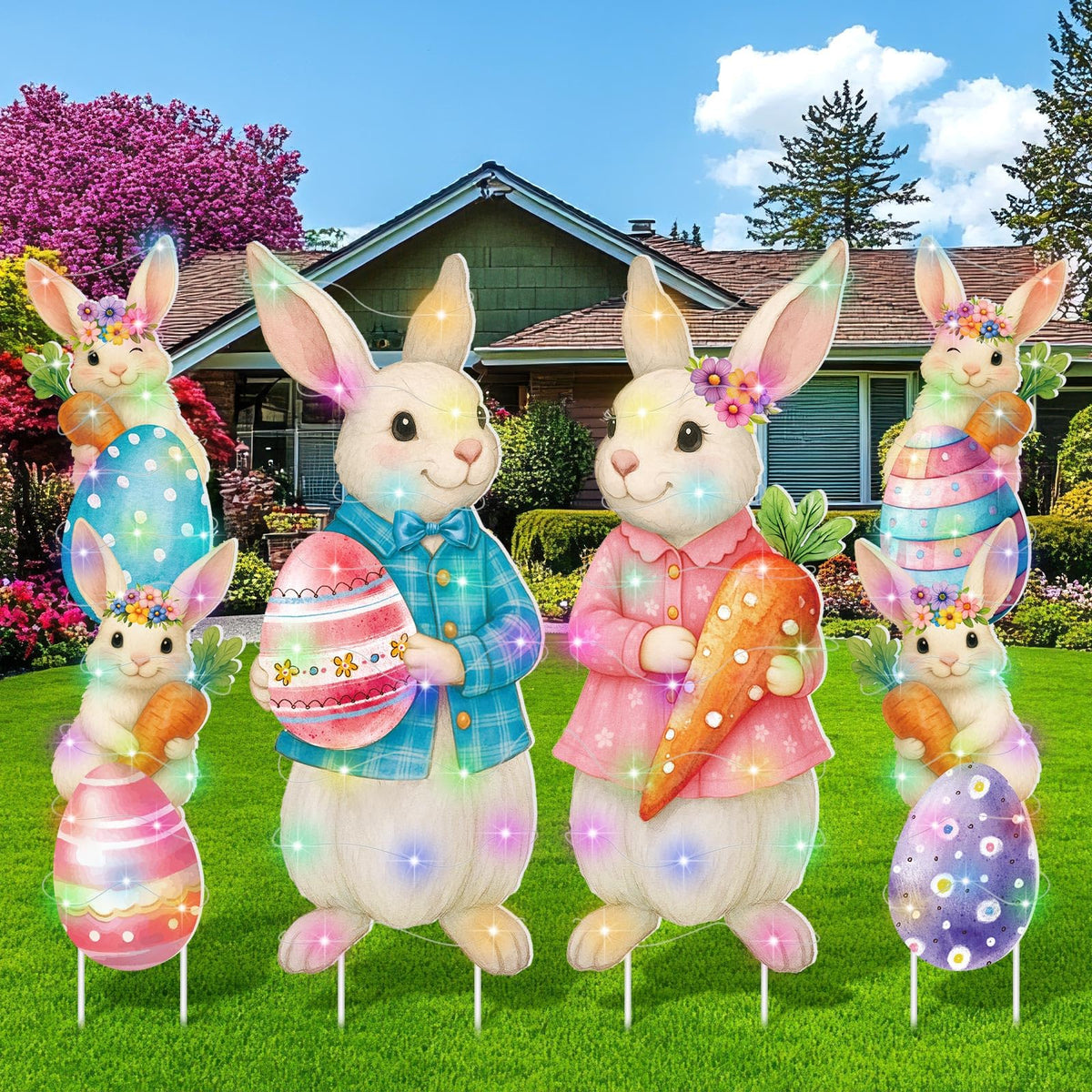 Bencailor Easter bunny yard sign with warm LED light brightening the front yard at night