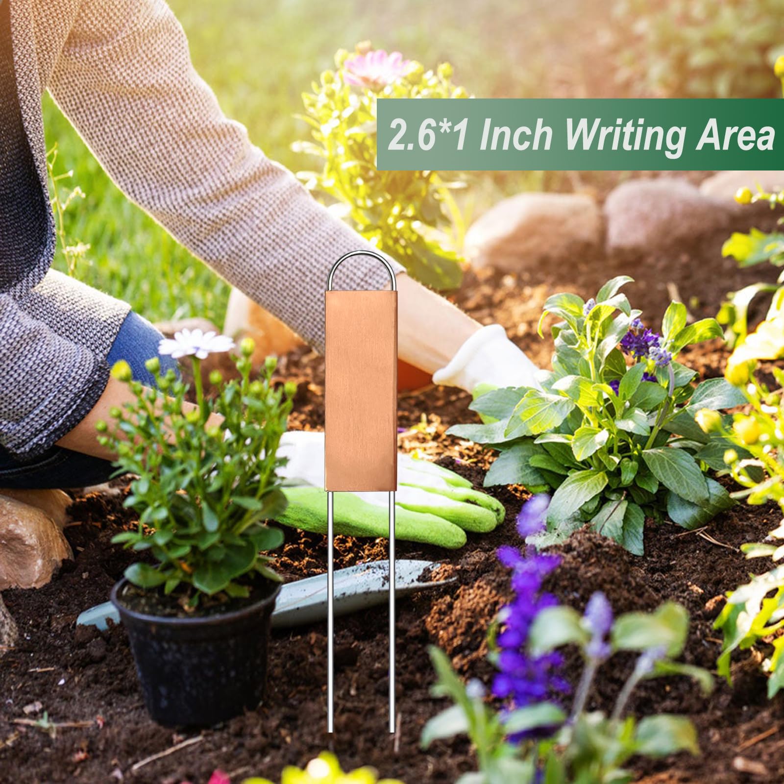 Bendical herb markers outdoors for fresh herbs and flowers.