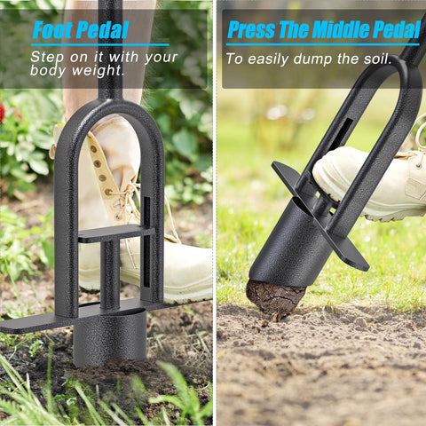 BeneLabel Turf Plugger Digging Holes supports fast seedling transplanting and planting in turf.