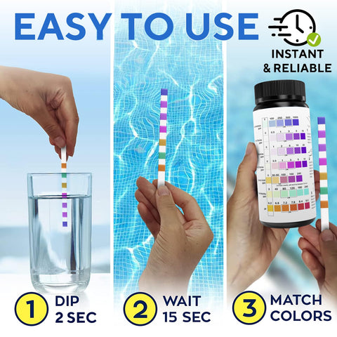 Benicci bromine result reading on strip highlights sanitizer level.