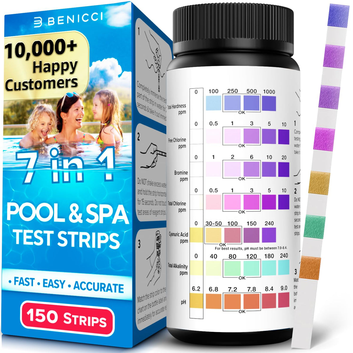 Benicci 7-in-1 pool test strips pack for quick home water testing.