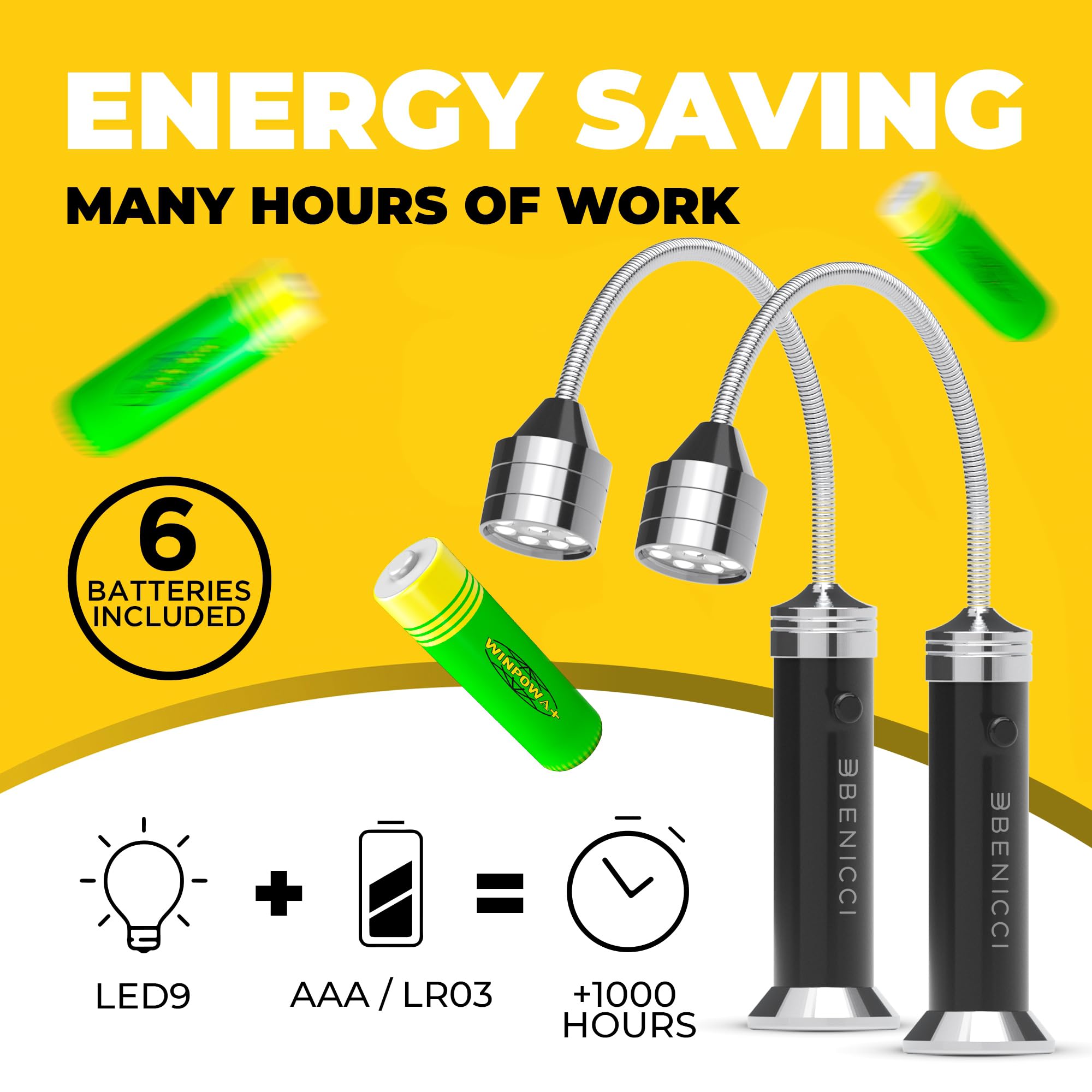 Benicci light easily attaches to metal surfaces with a strong magnetic base.
