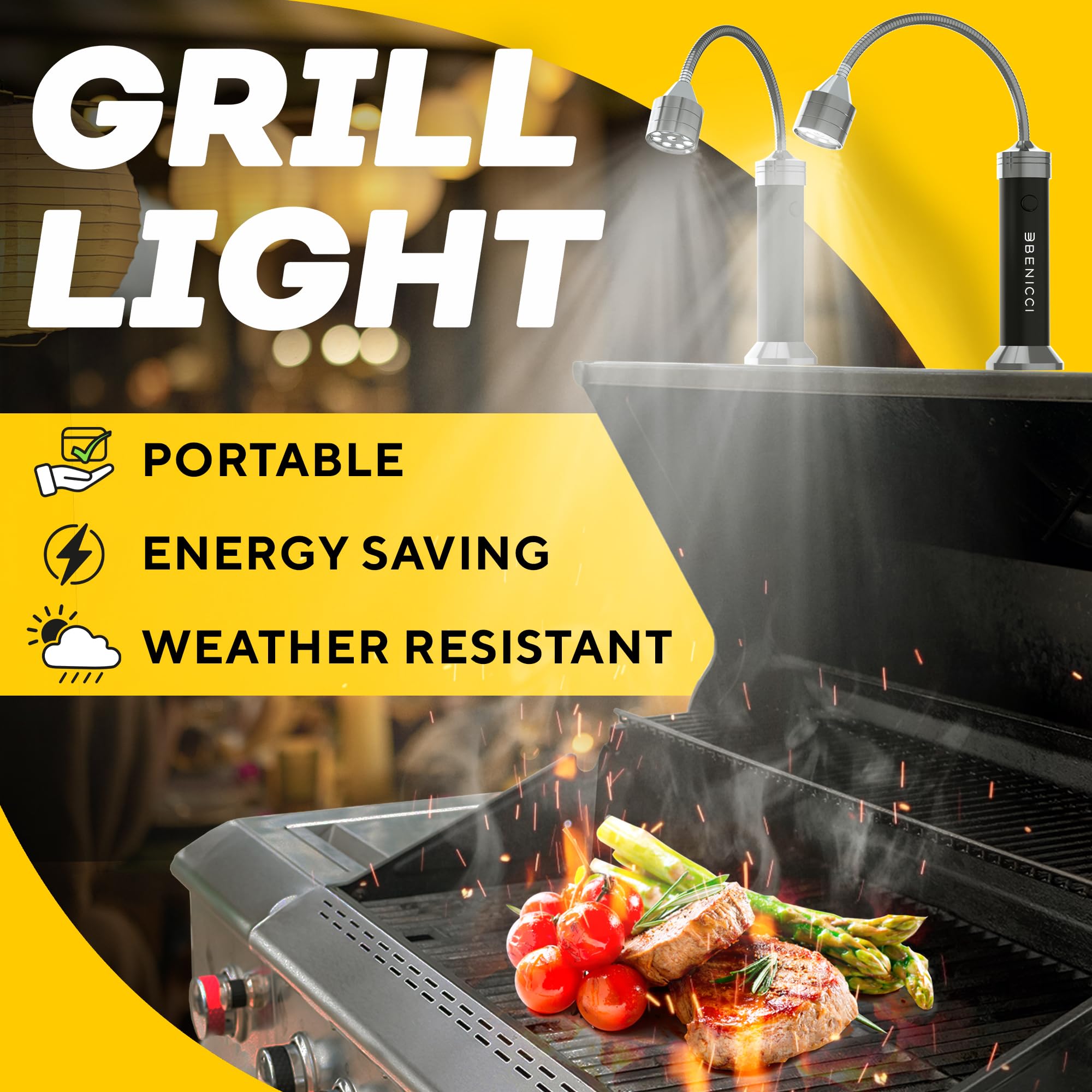 Benicci LED BBQ light with 360-degree magnetic base illuminating the grill