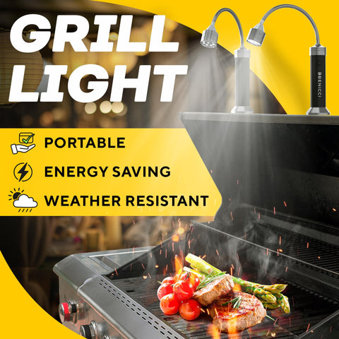 Benicci LED BBQ light with 360-degree magnetic base illuminating the grill