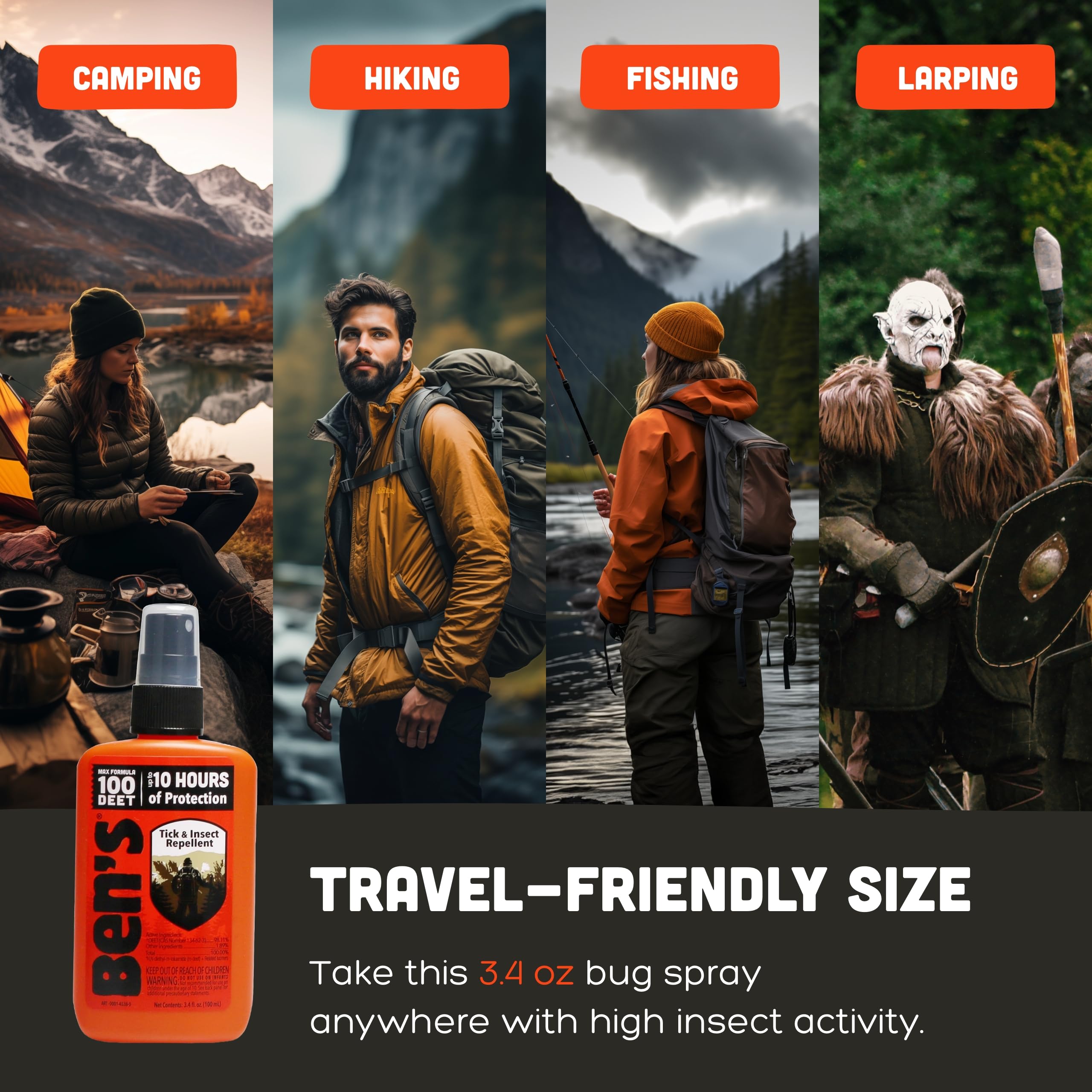 Compact travel-size Ben's bottle ideal for backpackers.