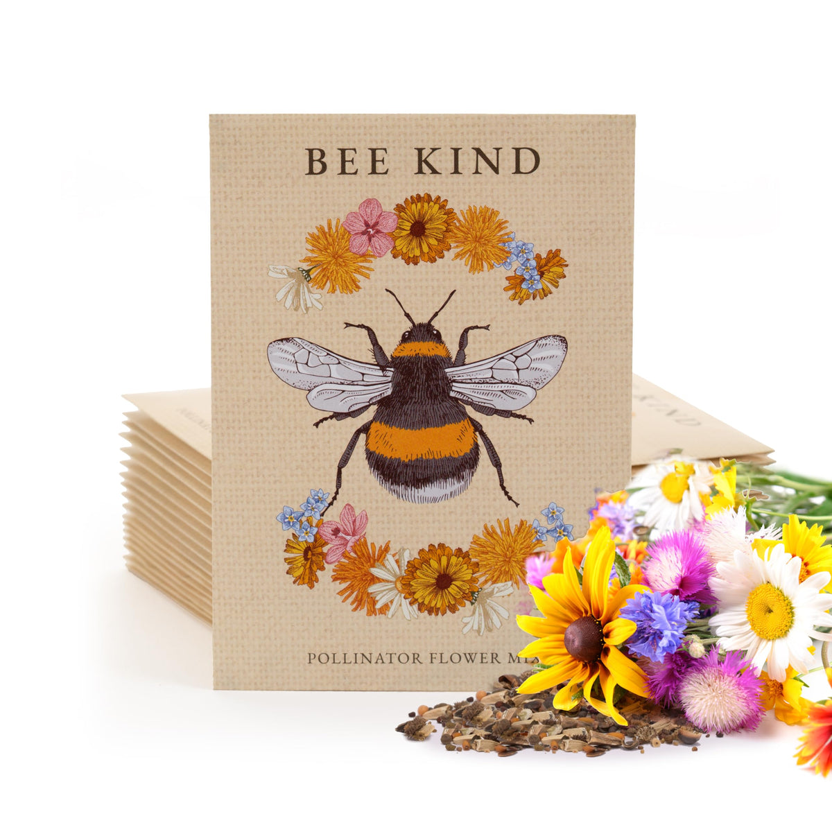 Bentley Seed Co. Bee Kind seed packet front art, ideal as an eco-friendly party favor.