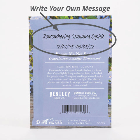 Bentley Seed Co. blue forget-me-not flowers add color to bouquets and memory gardens.
