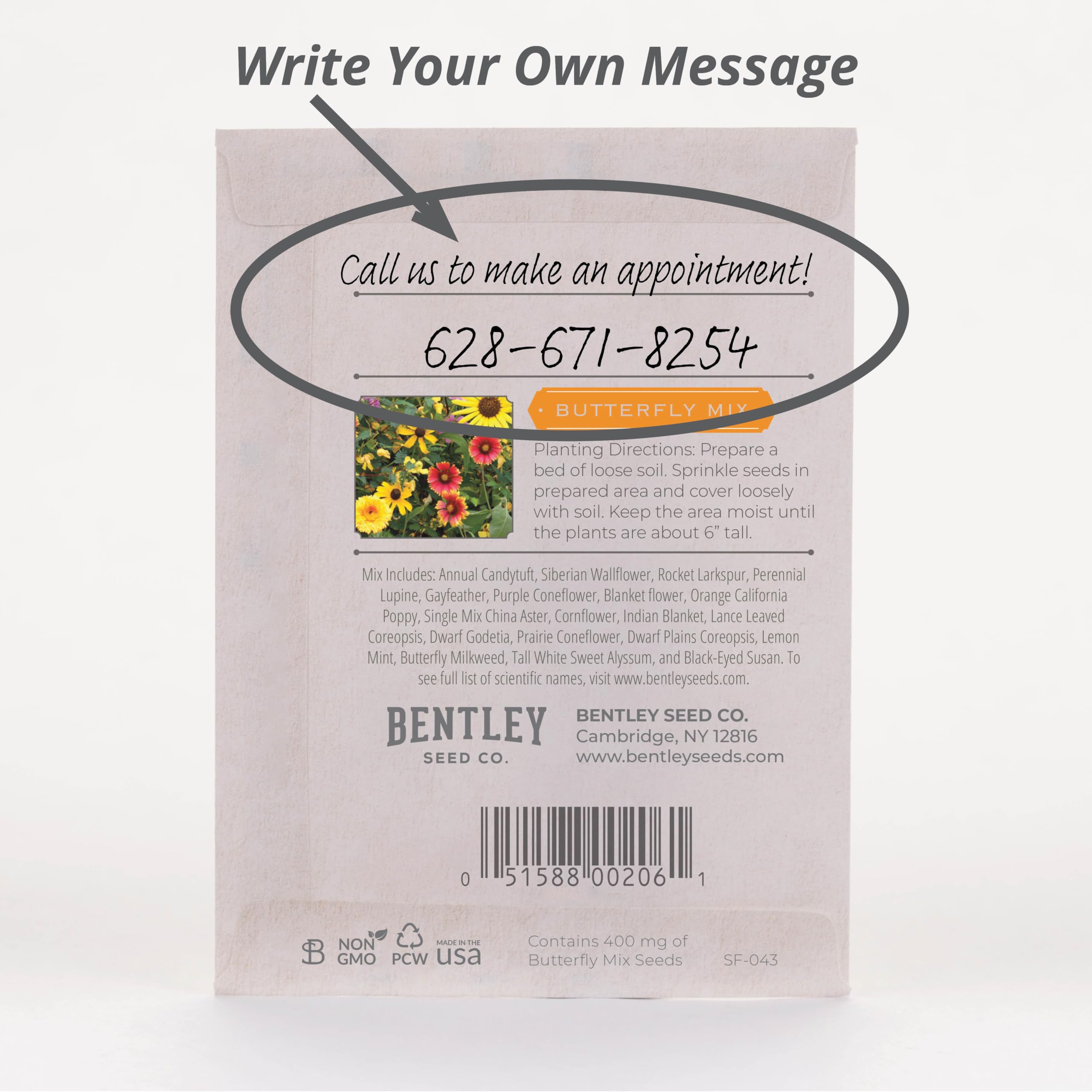 Bentley Seed Co butterfly mix packets in hand for DIY garden favors.