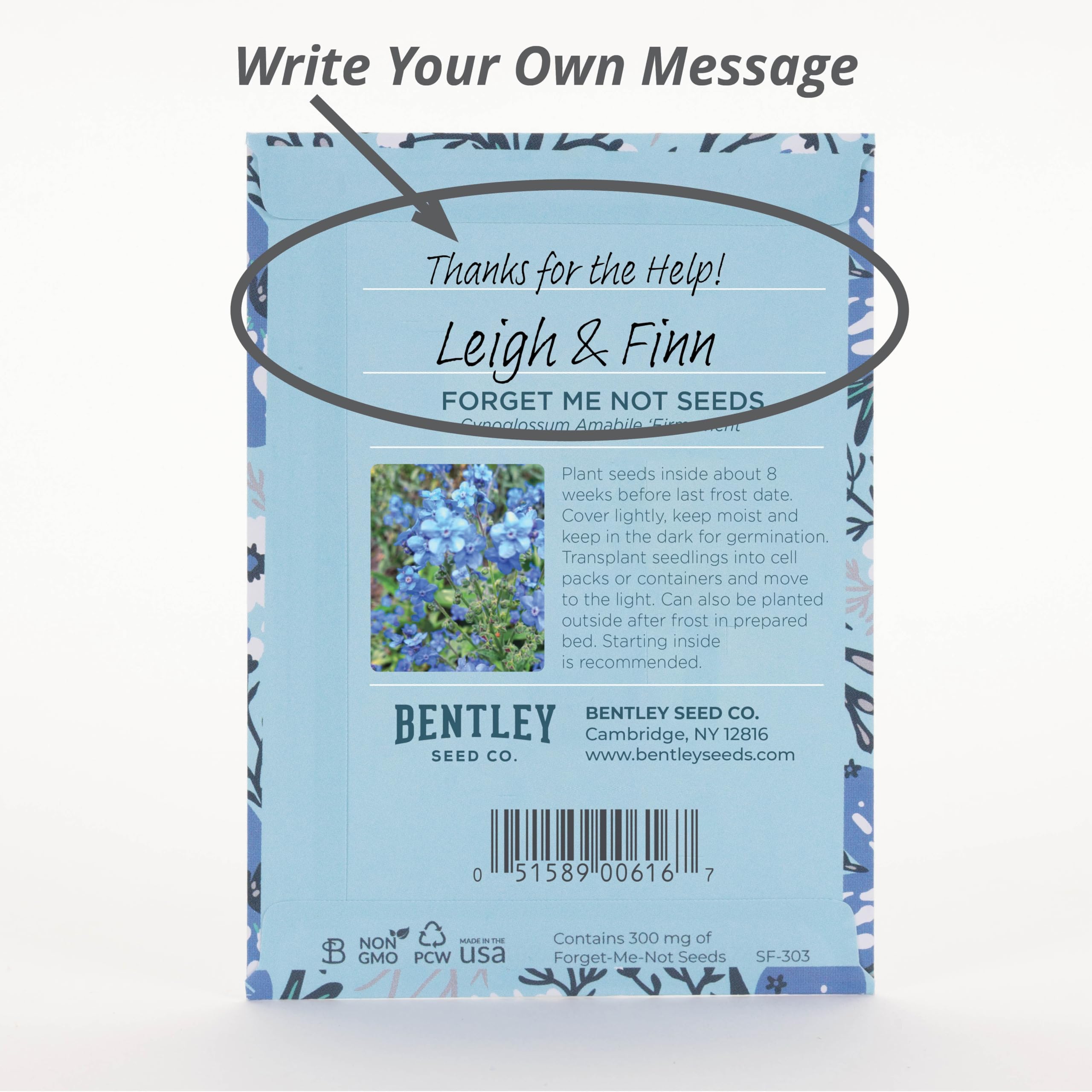 Bentley Seed Co. Forget-Me-Not bouquet-ready seeds image suggests vibrant blooms for arrangements