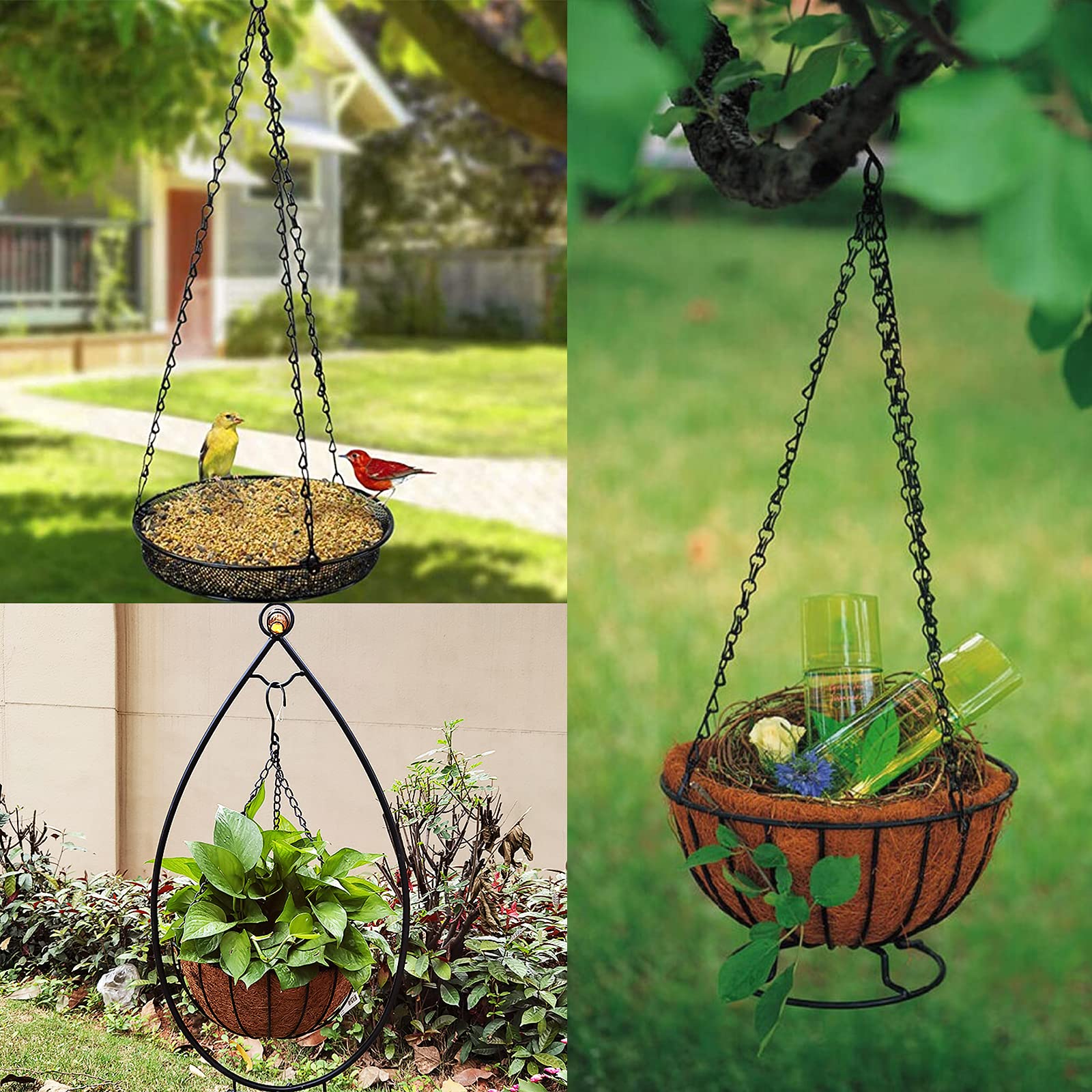 Benvo chain for bird feeders and lanterns in garden space.