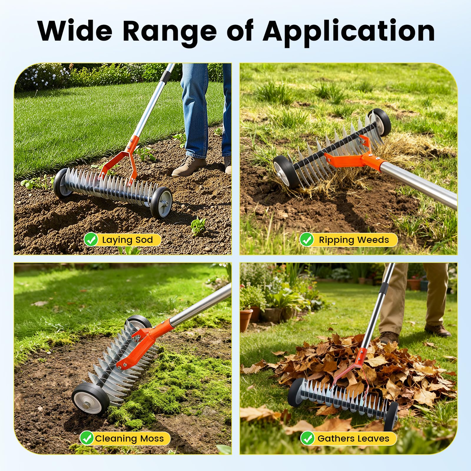 Beolisave Thatch Rake for garden-use tackles moss and leaves on lawns.