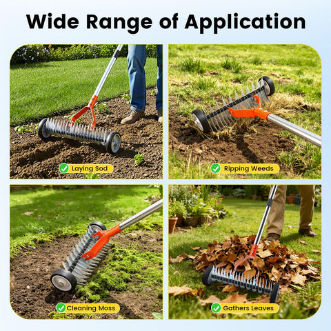 Beolisave Thatch Rake for garden-use tackles moss and leaves on lawns.
