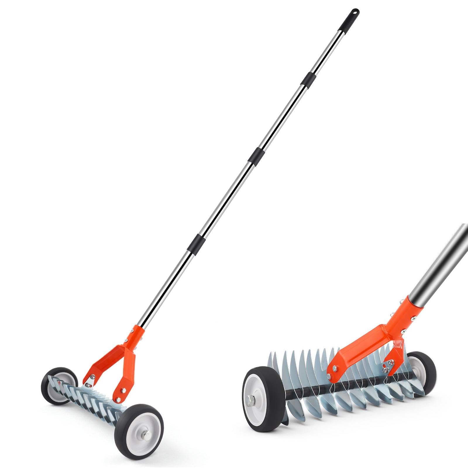Beolisave Thatch Rake with Wheels clearing lawn debris efficiently while reducing strain.