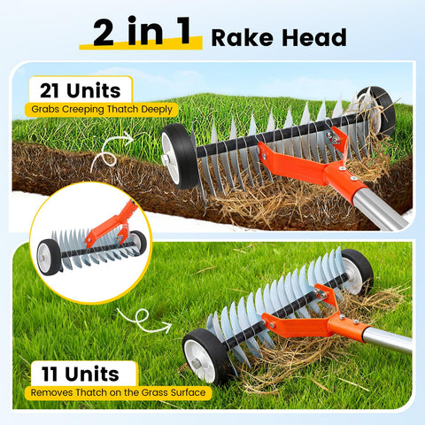 Beolisave Thatch Rake with Wheels shows adjustable-length for comfortable use at varying heights.