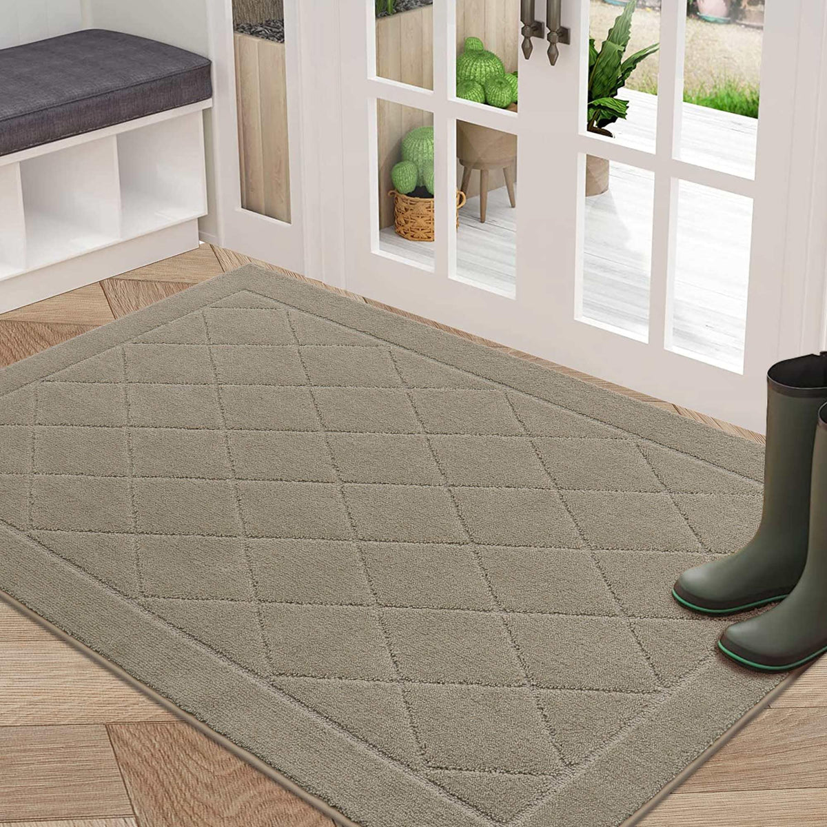 BEQHAUSE Dirt Trapper door mat front view highlights absorbent fibers for mud and moisture