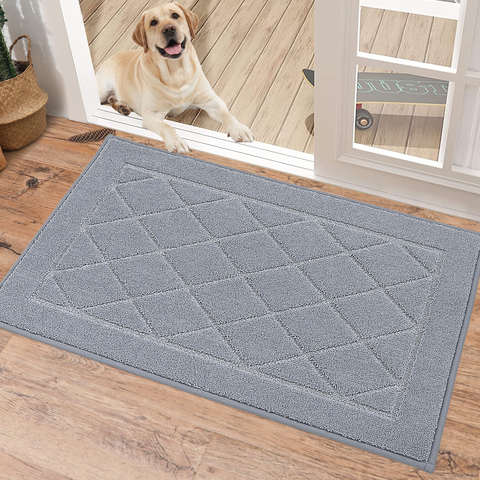 BEQHAUSE Dirt Trapper Front Door Mat Grey seen at entry with moisture absorption