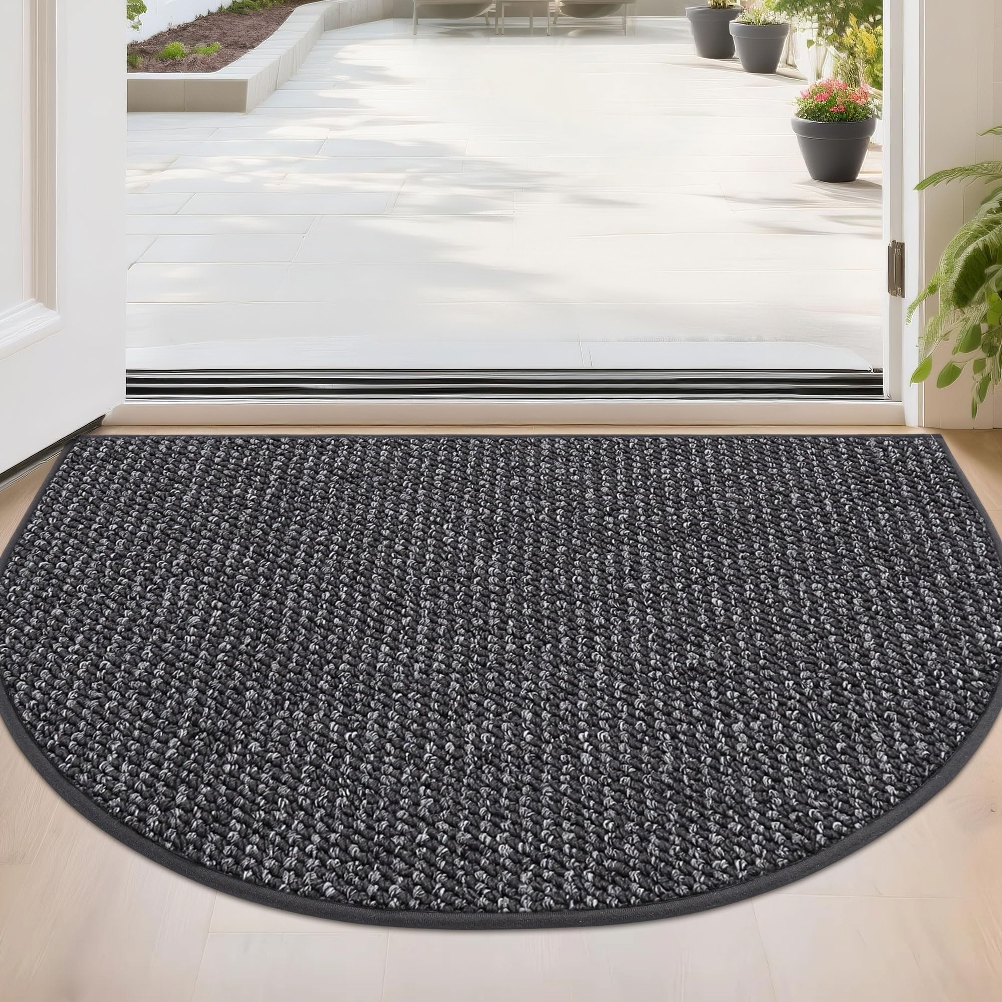 BEQHAUSE Dirt Trapper Half-Circle Mat in charcoal catches dirt at the door and dries feet