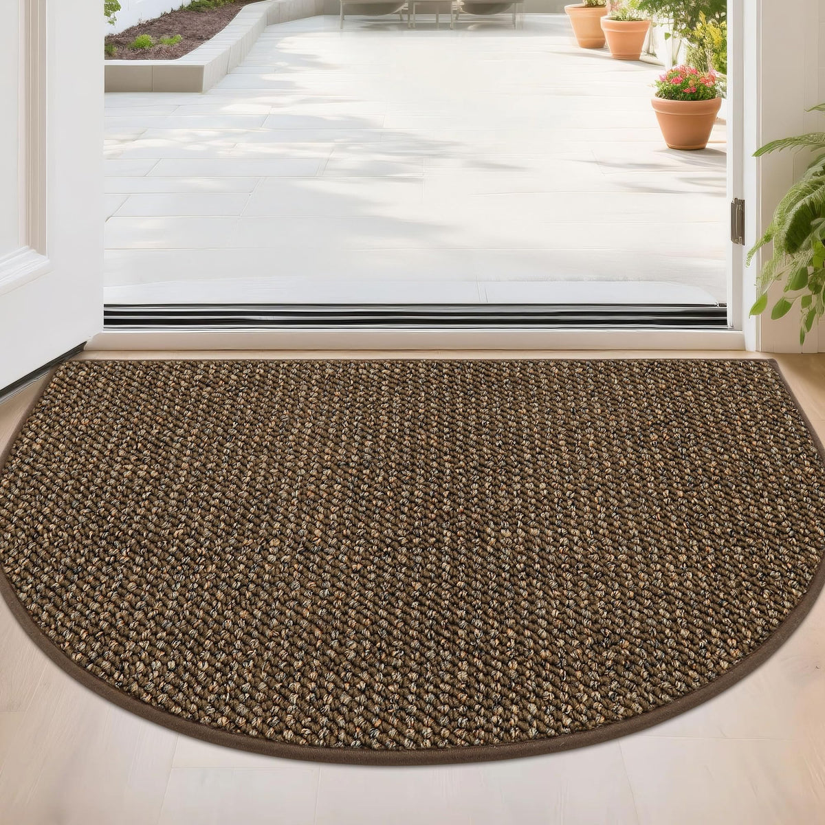 BEQHAUSE Dirt Trapper Mat in brown with half-circle design traps dirt at the doorway.