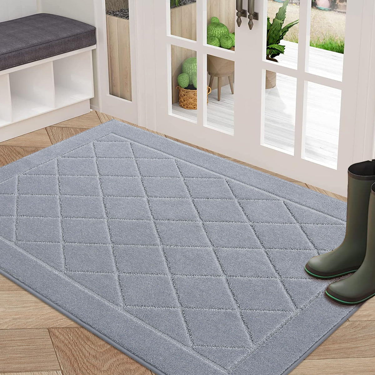 BEQHAUSE Dirt Trapper mat front view shows 32x48 size and effective dirt scraping