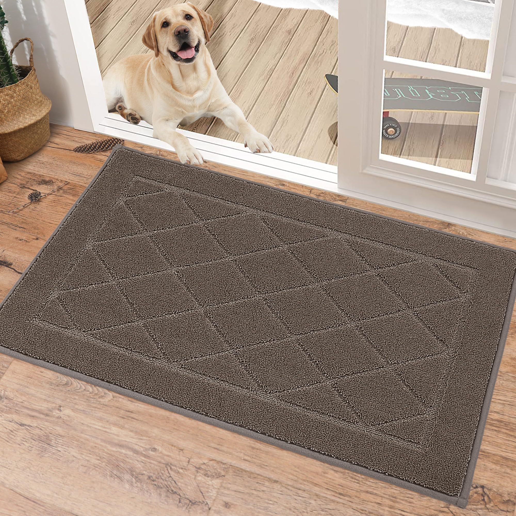 BEQHAUSE Dirt Trapper Door Mat at the front door showing its size and neutral tone