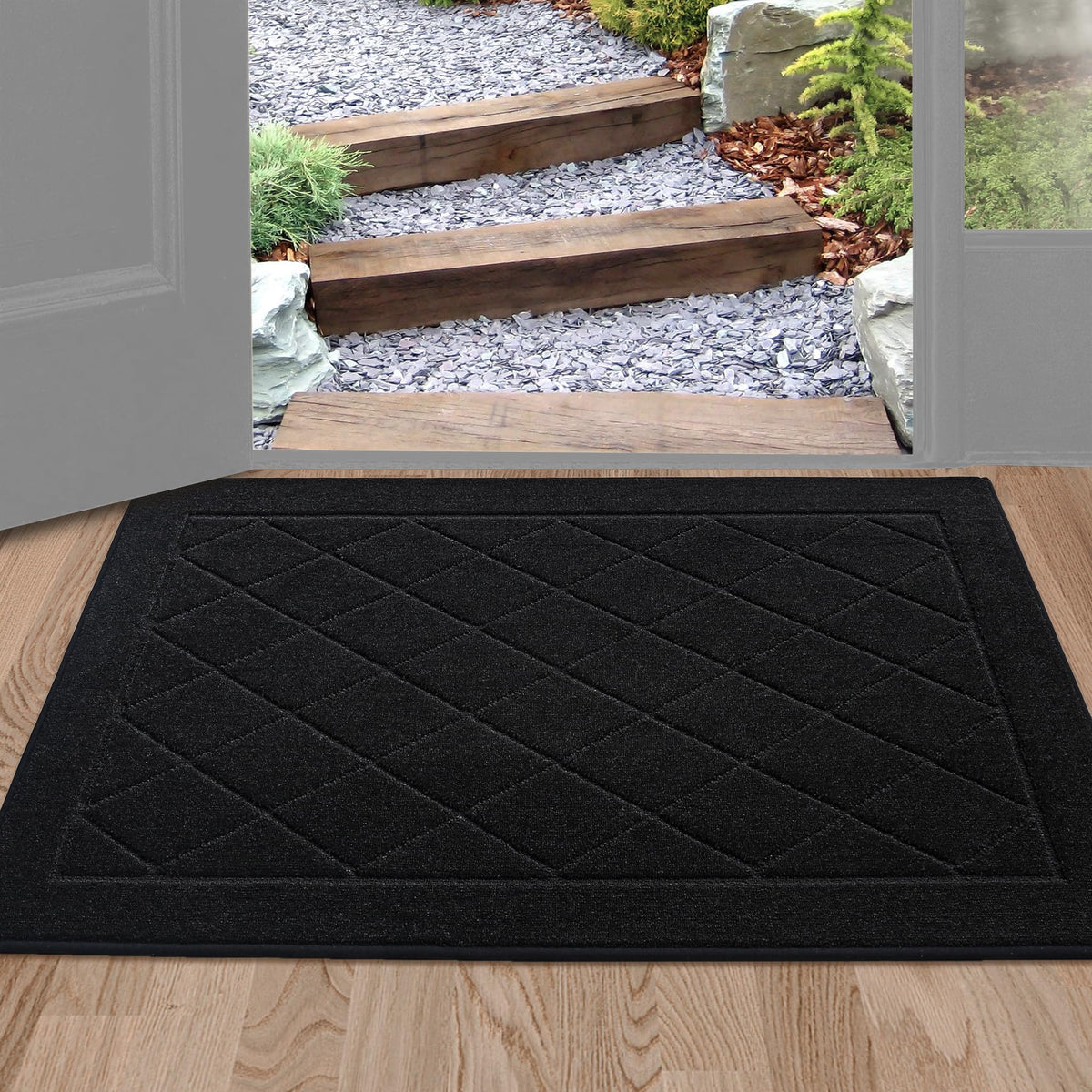 BEQHAUSE Dirt Trapper door mat in 24x36 captures dirt and moisture effectively.