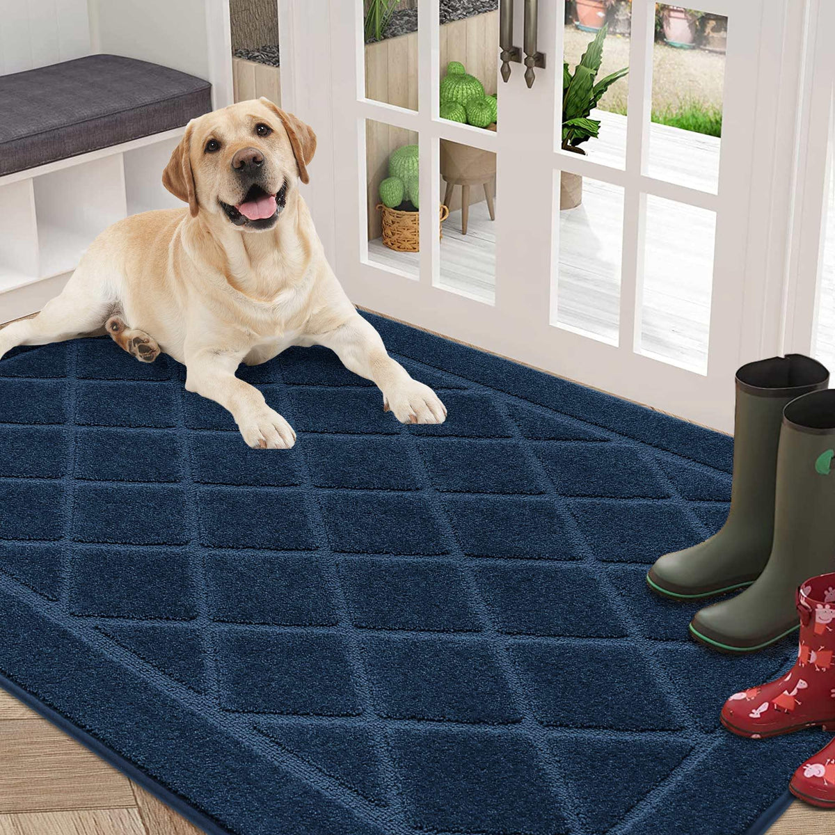 BEQHAUSE Dirt Trapper Door Mat with navy pattern absorbs moisture to keep floors dry.