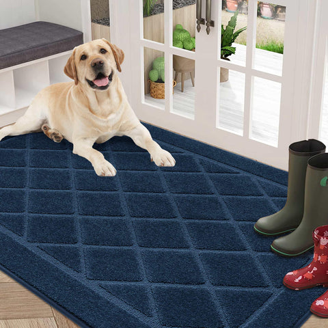 BEQHAUSE Dirt Trapper Door Mat with navy pattern absorbs moisture to keep floors dry.