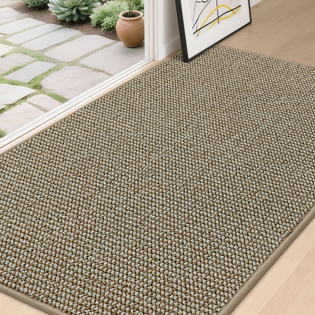 BEQHAUSE dirt trapper door mat at the threshold, 36x60 inches, reduces tracked-in dirt
