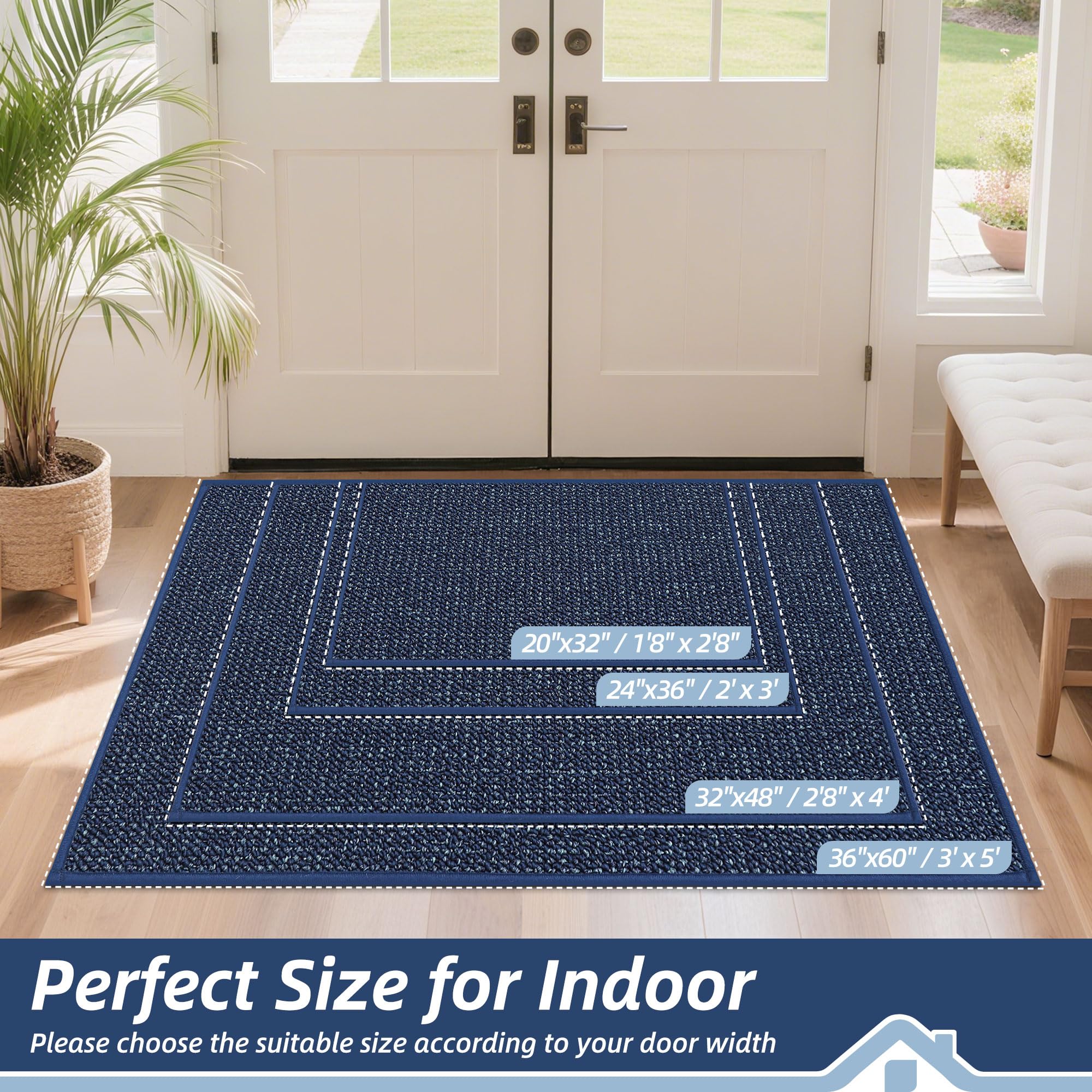BEQHAUSE Dirt Trapper door mat back view blue shows secure, non-slip backing
