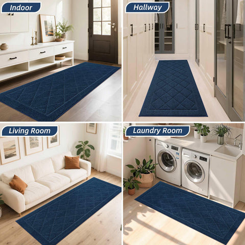 Navy blue BEQHAUSE mat design complements entryway aesthetics