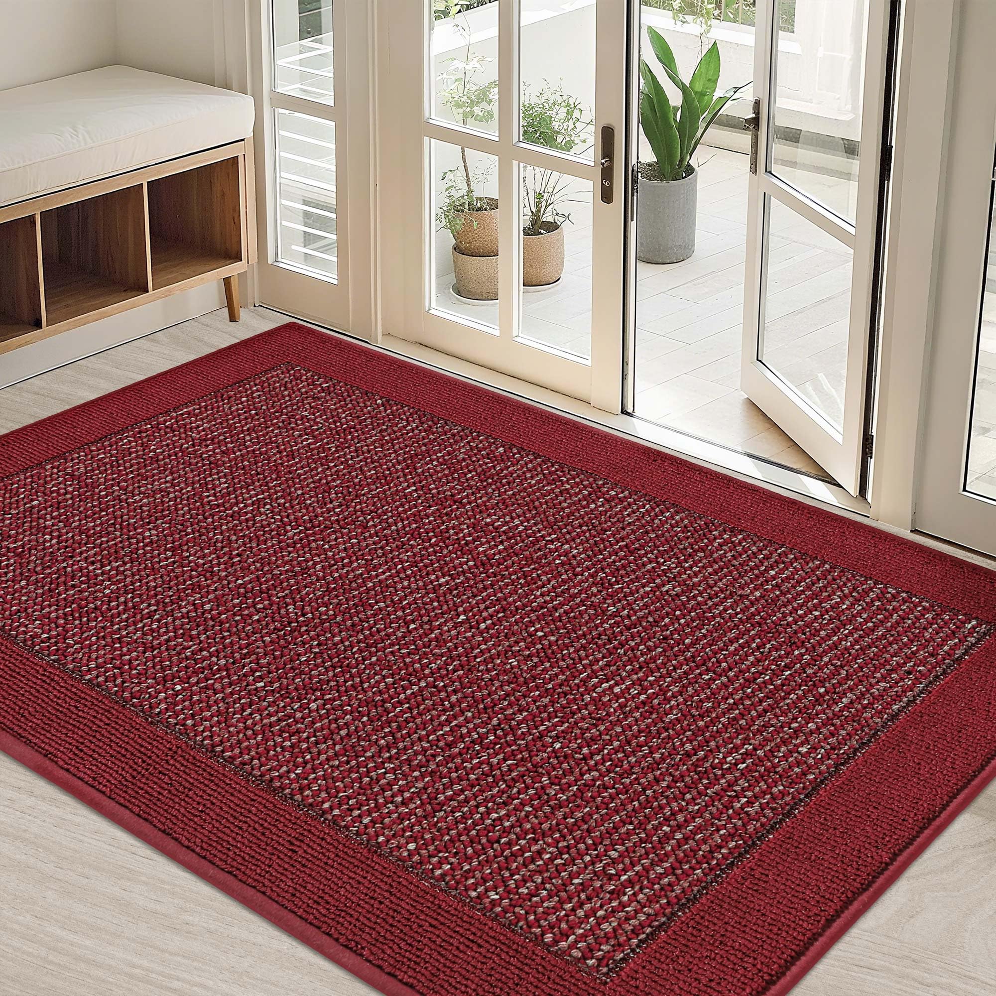 BEQHAUSE 32x48 dirt-trapper door mat at entryway in red adds cleanliness.