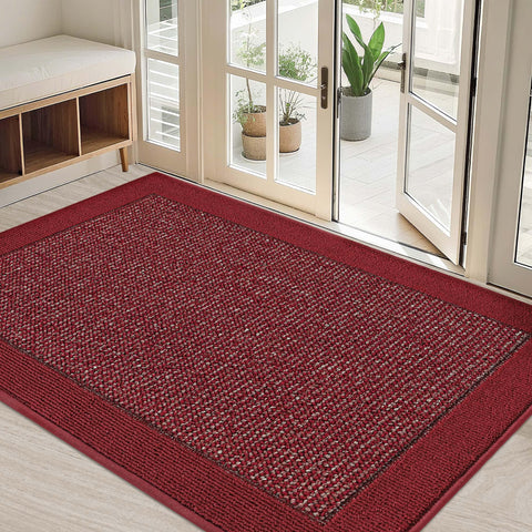 BEQHAUSE 32x48 dirt-trapper door mat at entryway in red adds cleanliness.