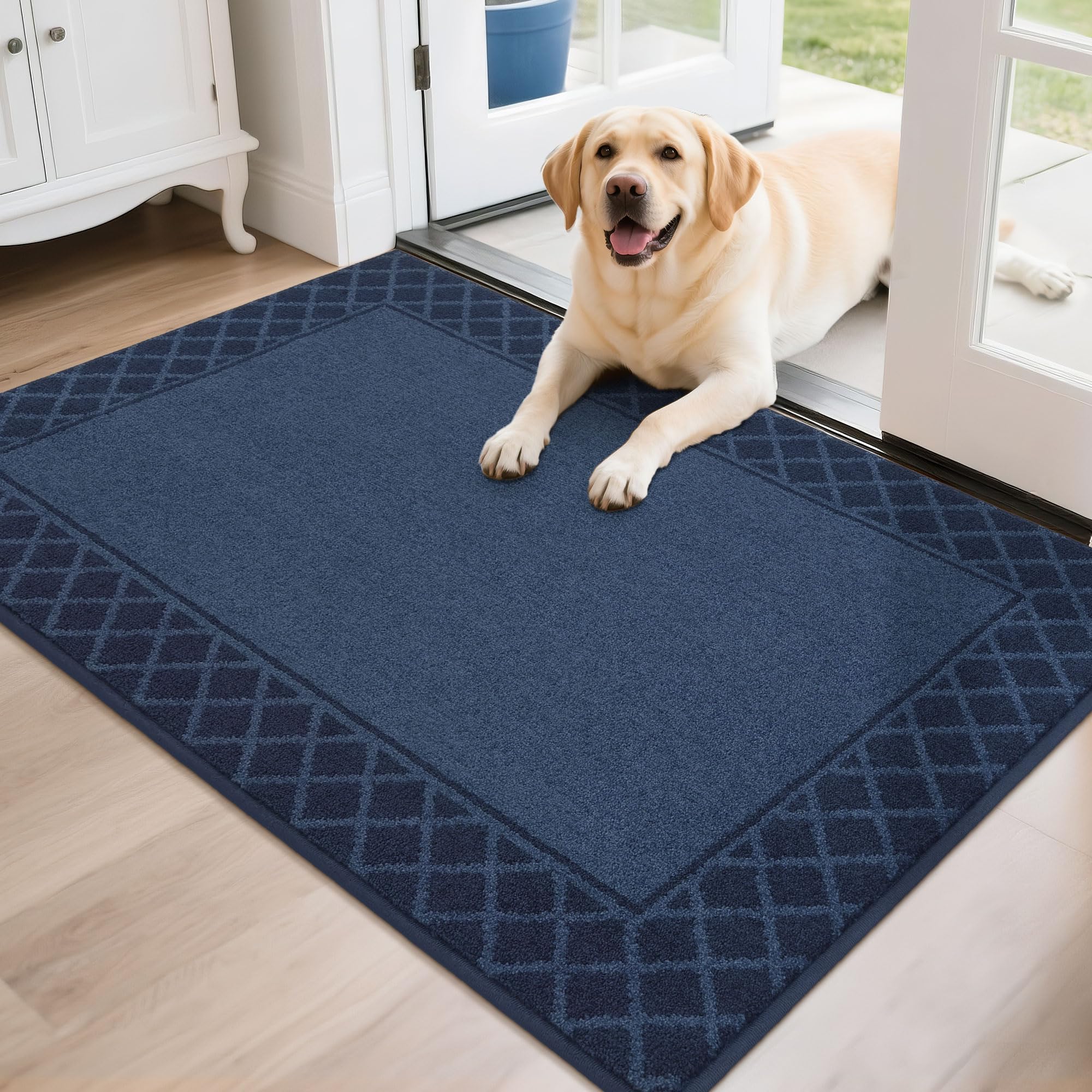 BEQHAUSE door mat front view in navy showing absorbent surface.