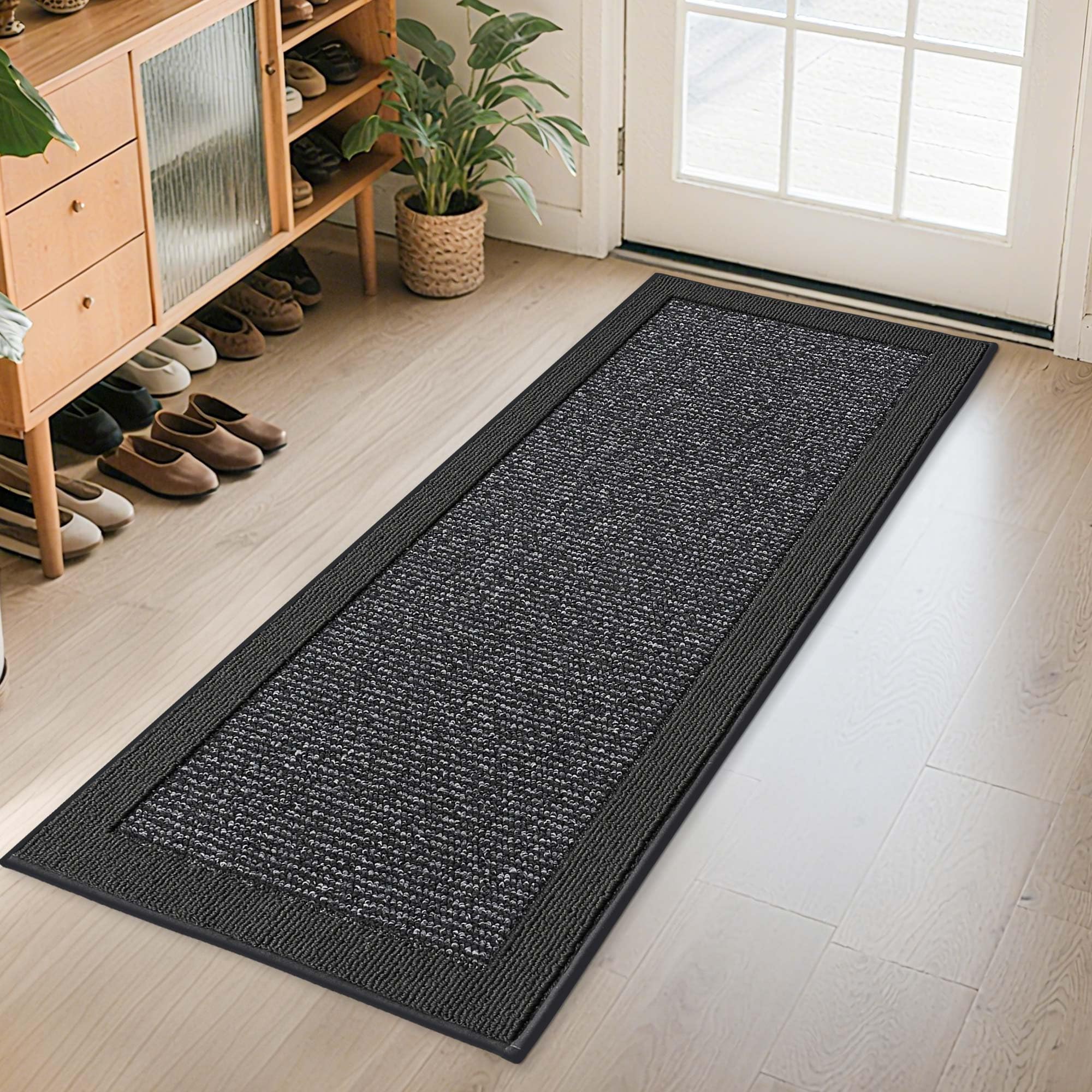 BEQHAUSE indoor door mat front view with low profile for easy doorway clearance.