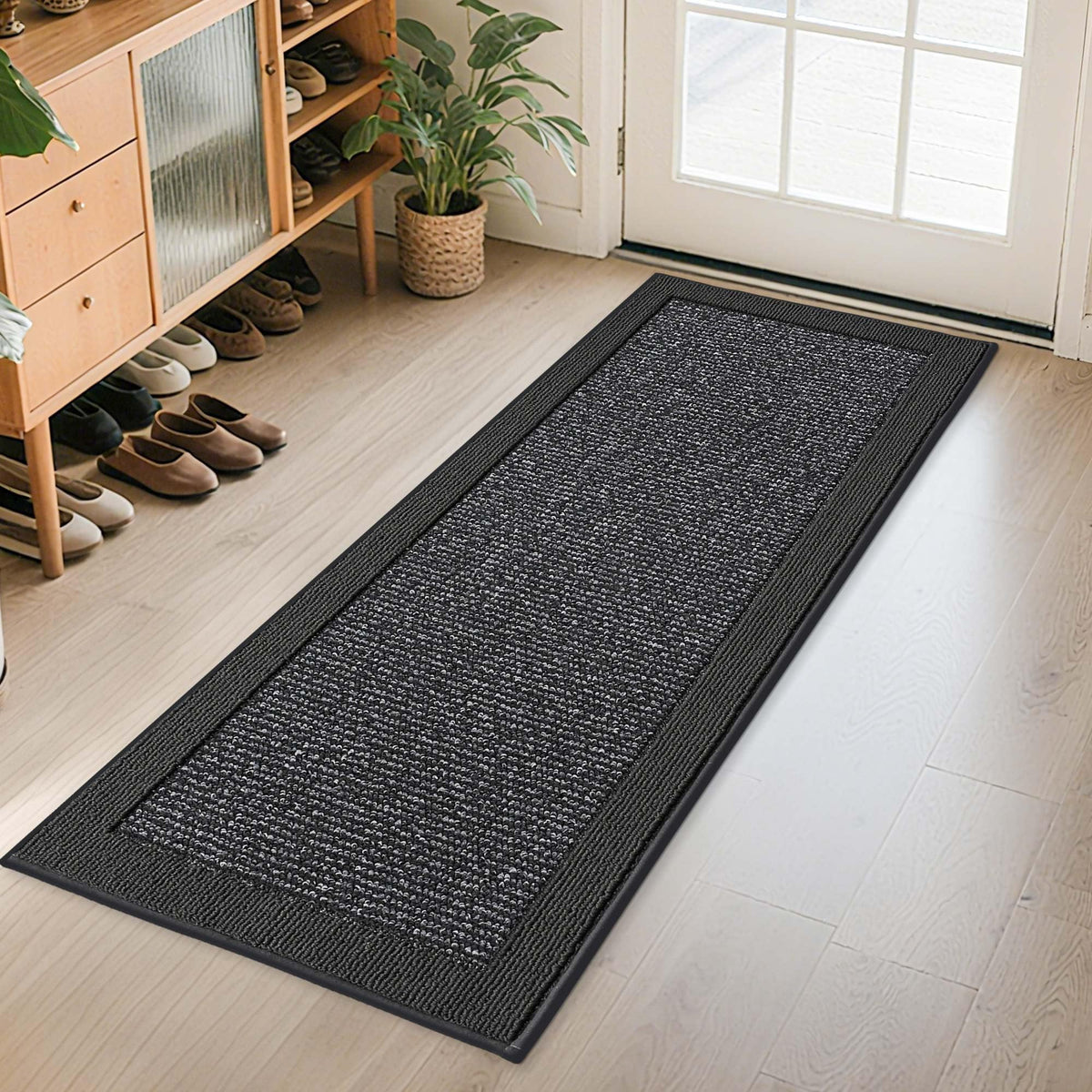 BEQHAUSE indoor door mat front view with low profile for easy doorway clearance.