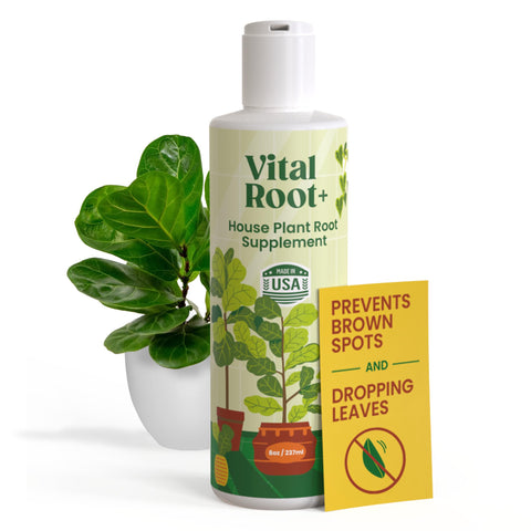 Berkland Root Supplement bottle label boosts indoor plant vitality and resilience.