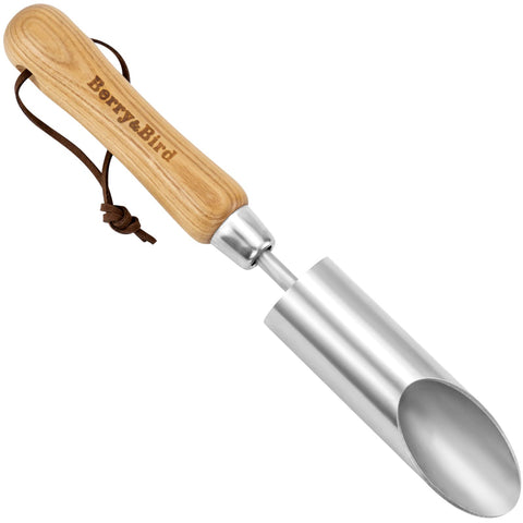 Berry&Bird bulb planter tool 12in stainless steel with wooden handle for precise bulb planting.