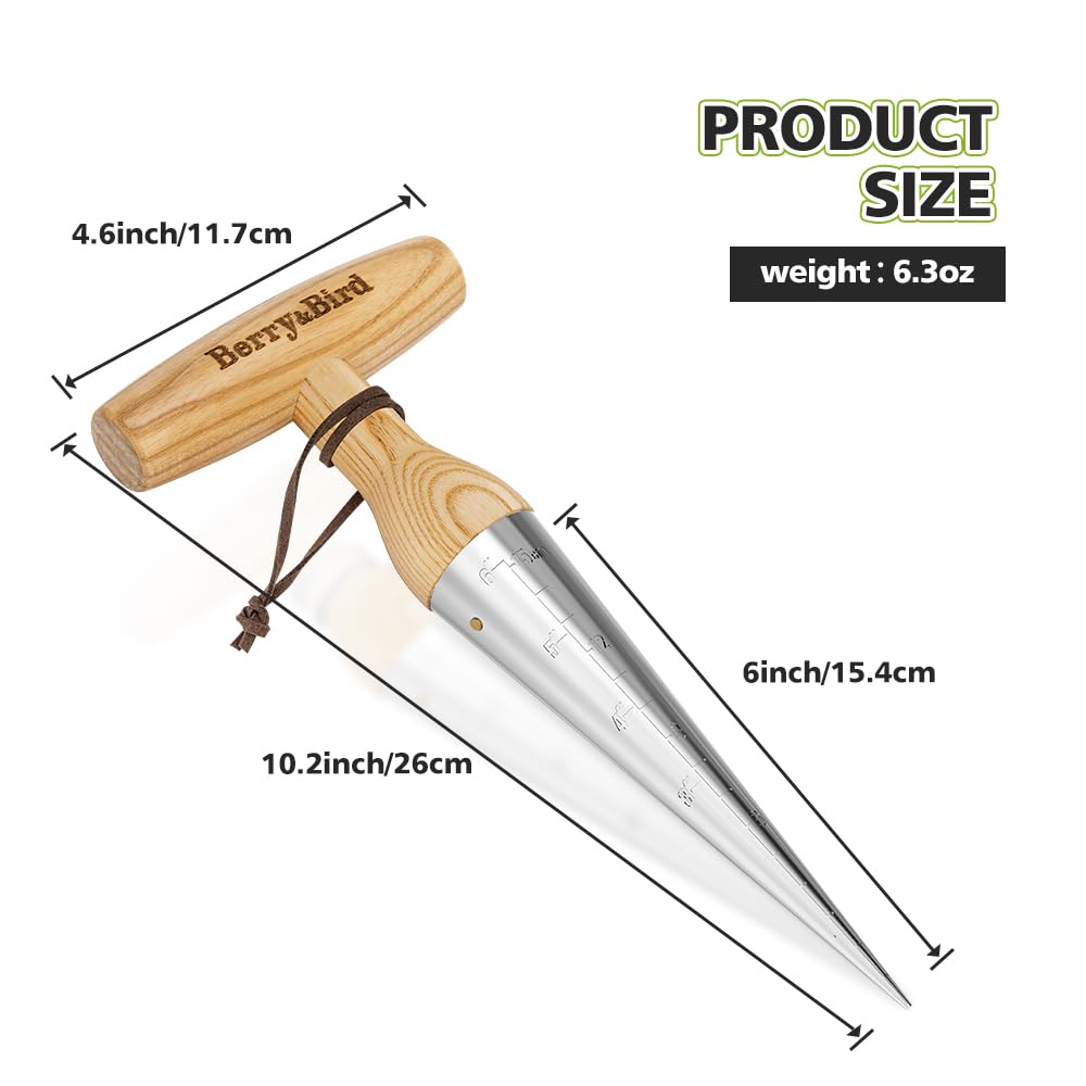 Berry&Bird hand dibber shows a 6-inch scale for even spacing in beds and pots.