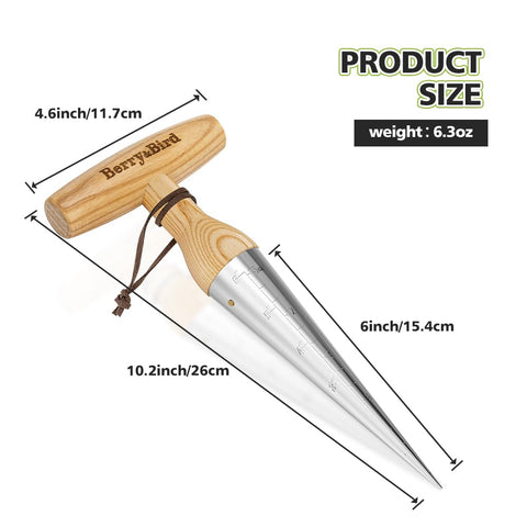 Berry&Bird hand dibber shows a 6-inch scale for even spacing in beds and pots.