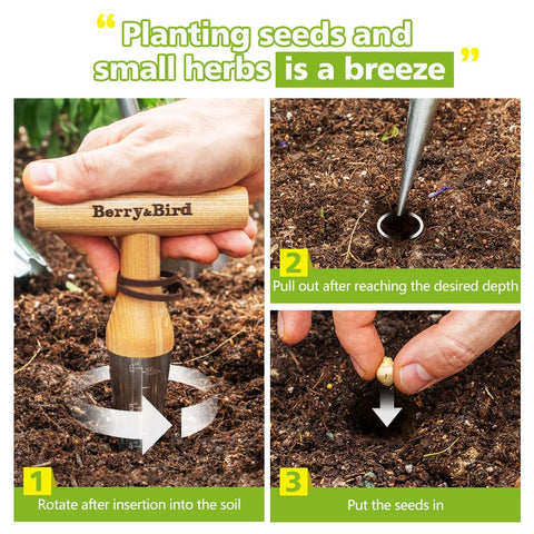 Berry&Bird dibber tip creates clean planting holes for seeds and bulbs.