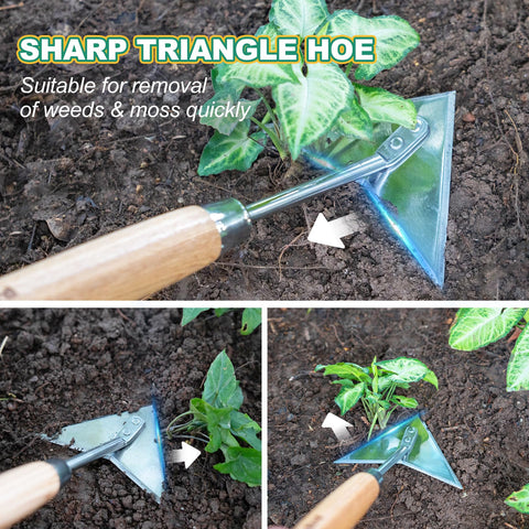 Berry&Bird stainless steel 3-sided hoe close-up showing durability.