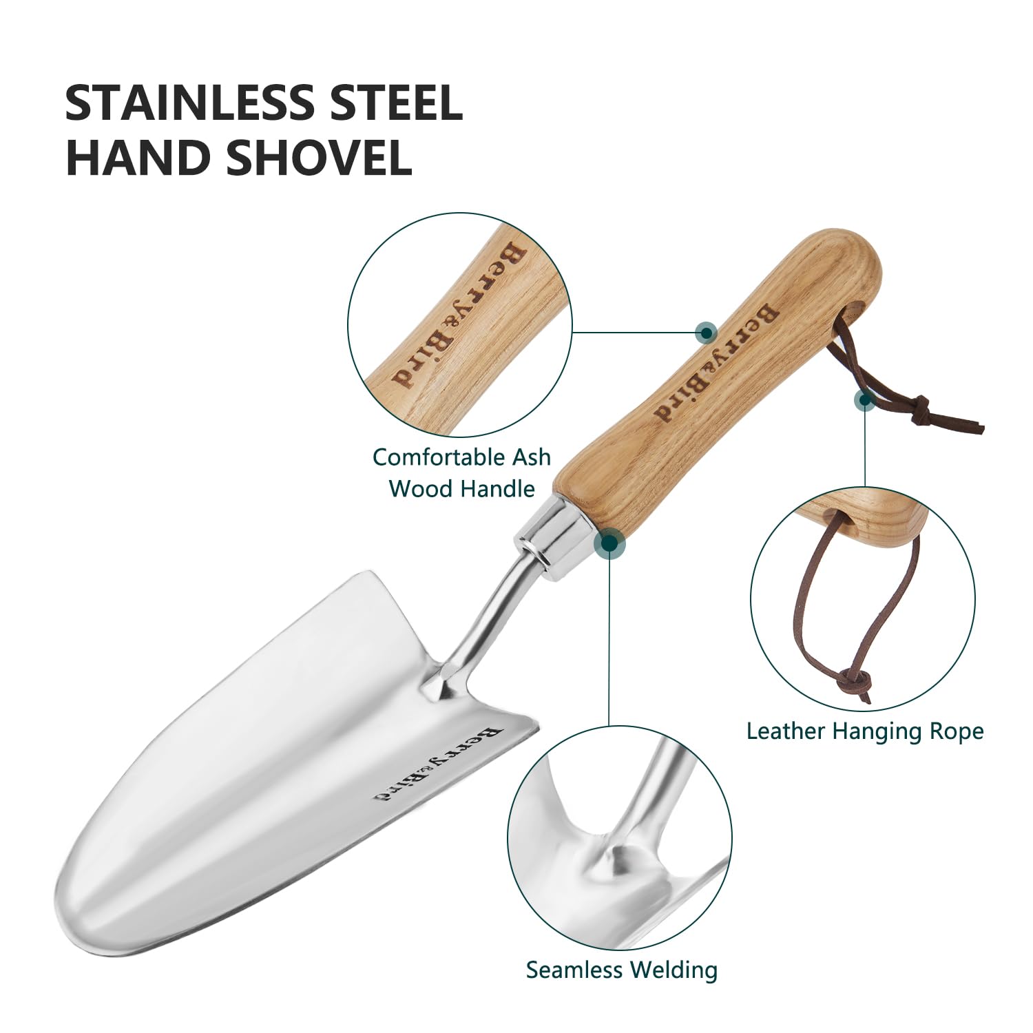 Berry&Bird trowel head closeup showing mirror-polished steel for easy cleaning