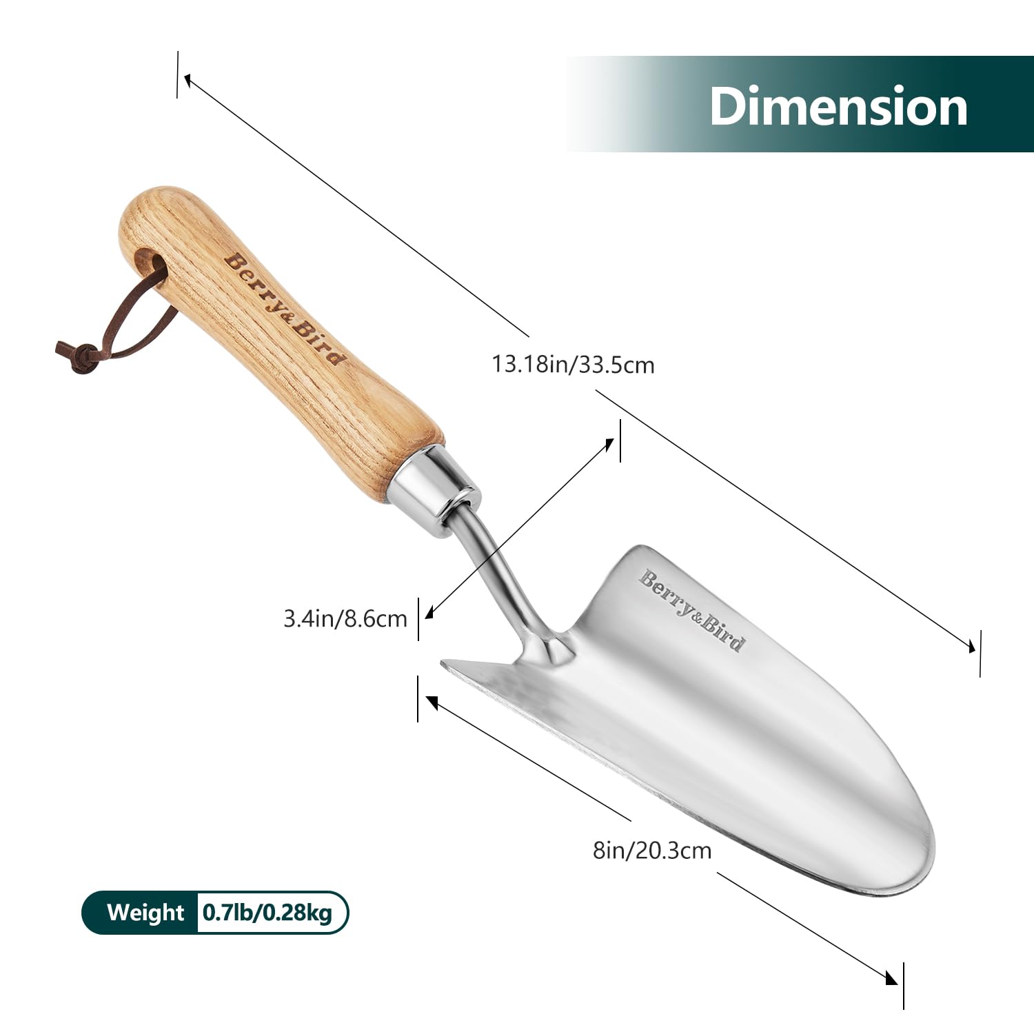 Berry&Bird trowel with wood handle highlighting ergonomic grip for comfortable gardening