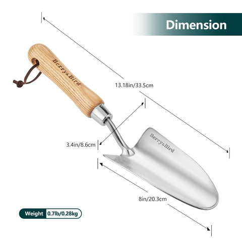 Berry&Bird trowel with wood handle highlighting ergonomic grip for comfortable gardening